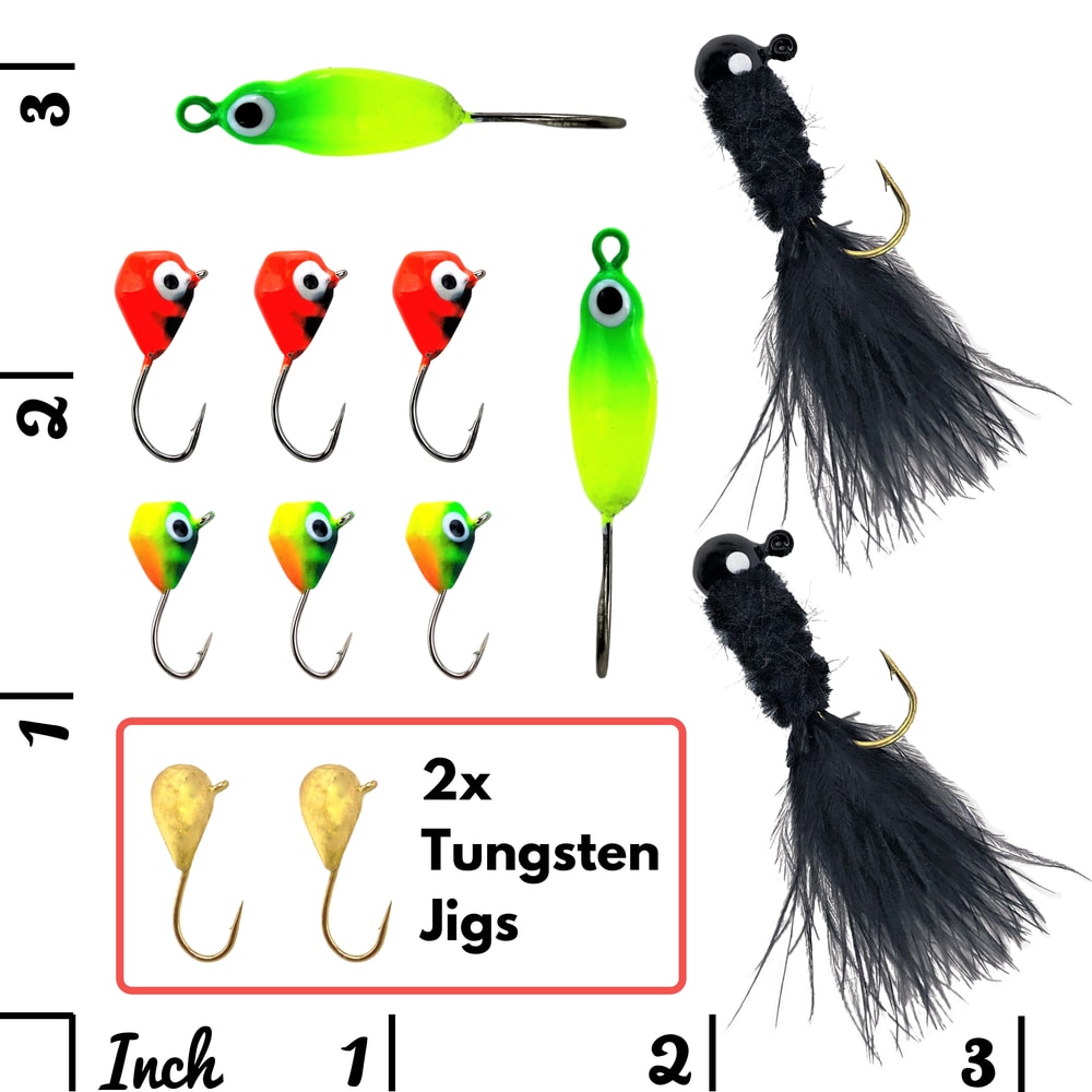 ZWMING Ice Fishing Jigs Kit Ice Fishing Lures in Tackle Box Bass Trout Walleye Perch Winter Ice Fishing Baits Treble Hooks